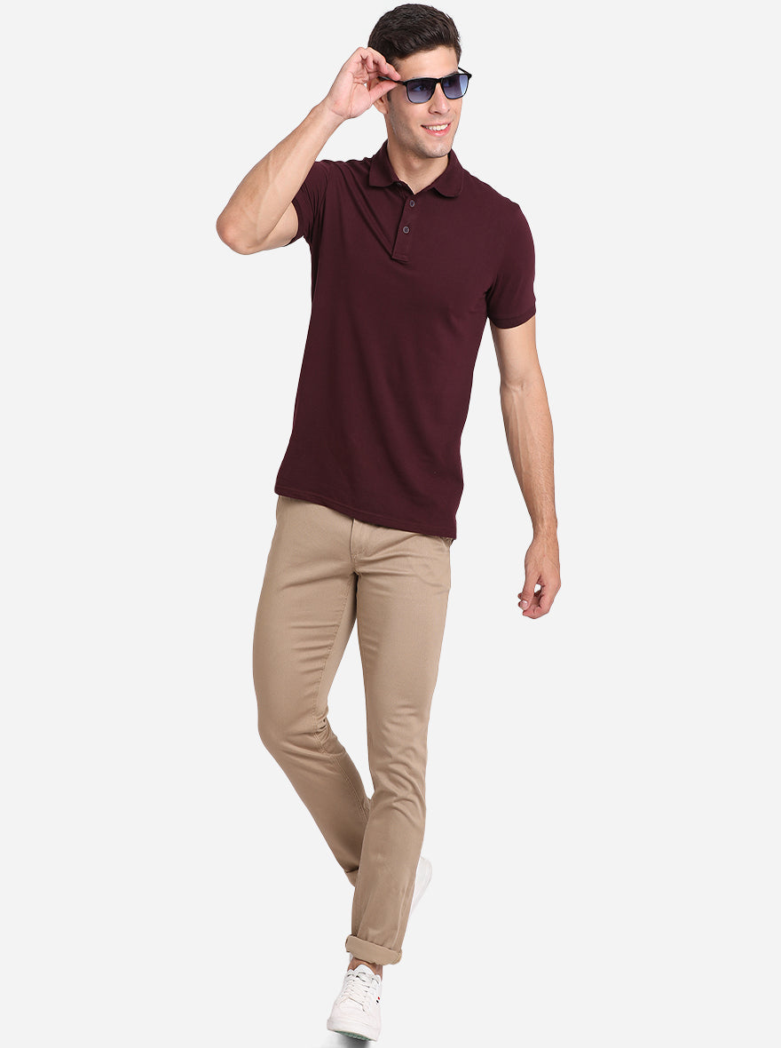 Khaki Solid Slim Fit Casual Trouser | Greenfibre