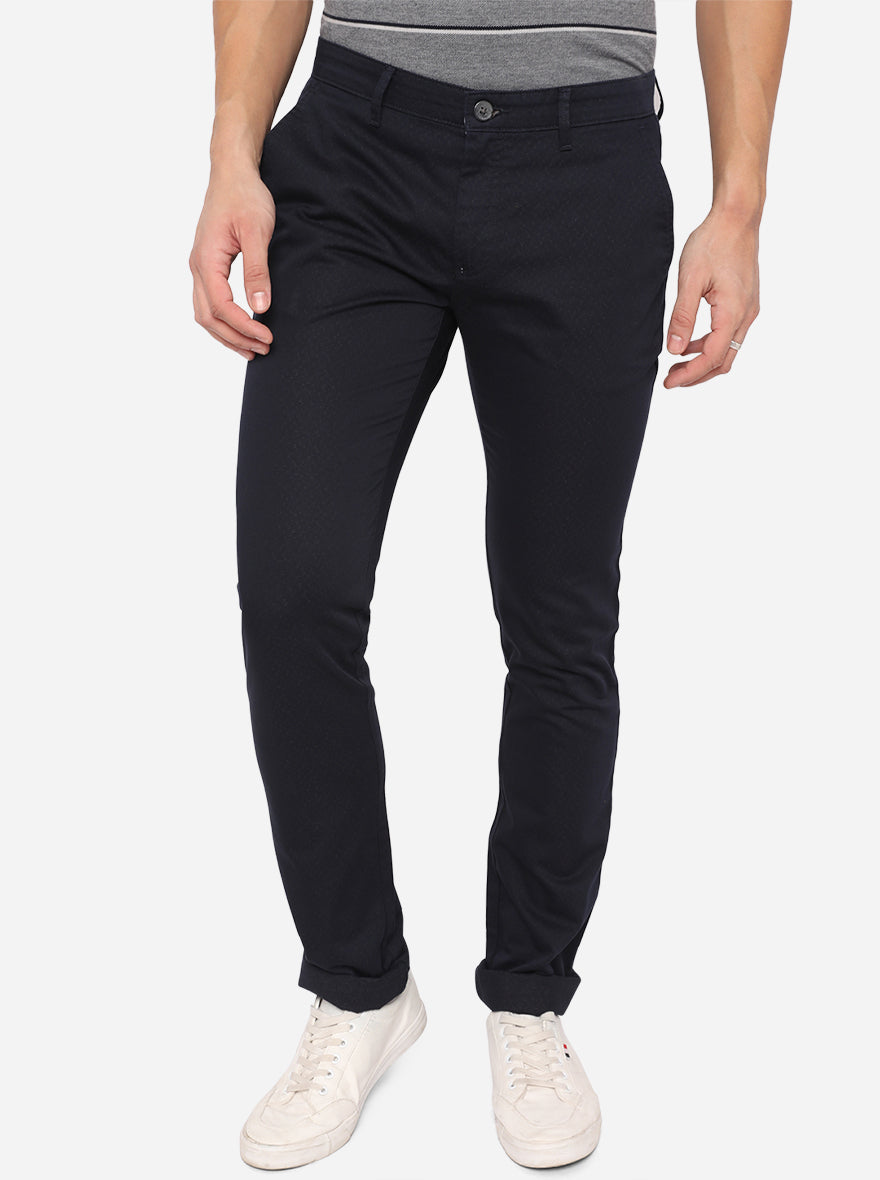 Navy Blue Washed Slim Fit Casual Trouser | Greenfibre