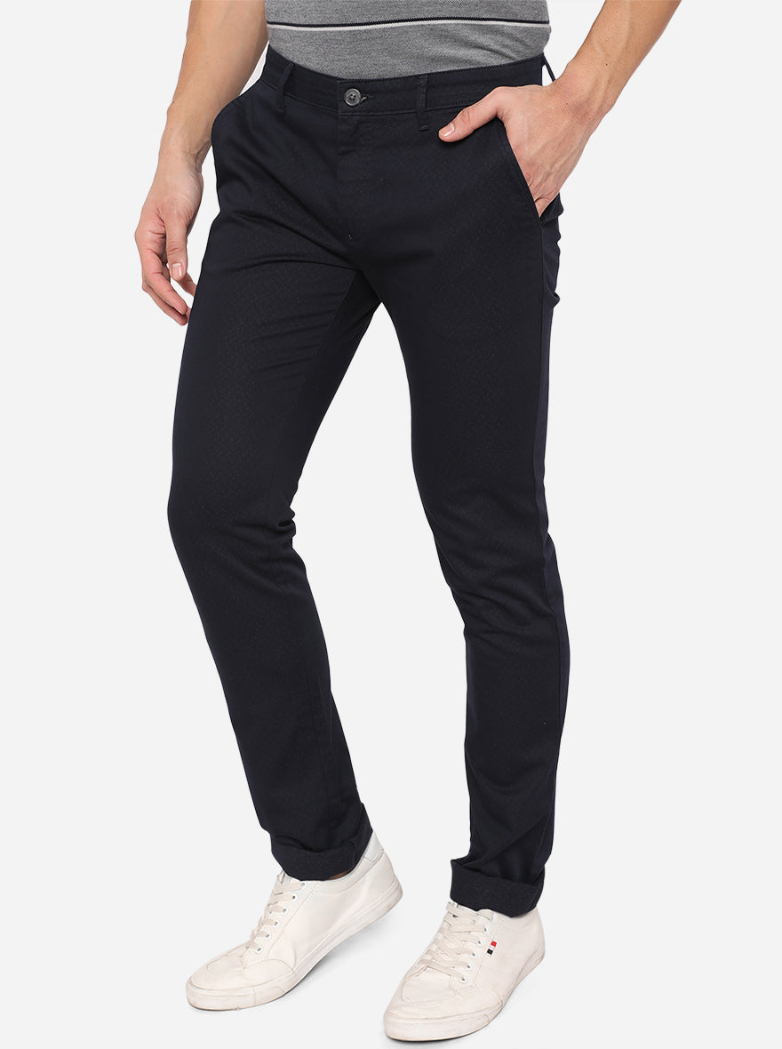 Navy Blue Washed Slim Fit Casual Trouser | Greenfibre