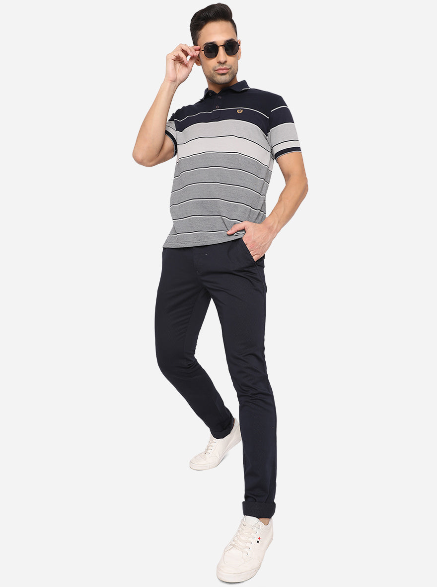 Navy Blue Washed Slim Fit Casual Trouser | Greenfibre