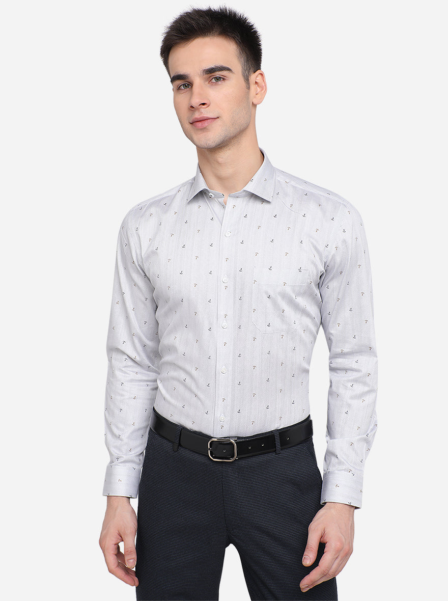 Light Grey Printed Slim Fit Formal Shirt | Greenfibre