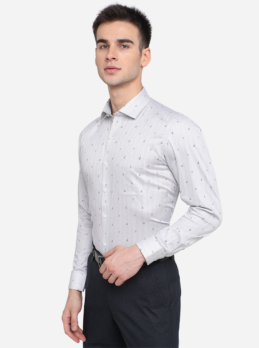 Light Grey Printed Slim Fit Formal Shirt | Greenfibre