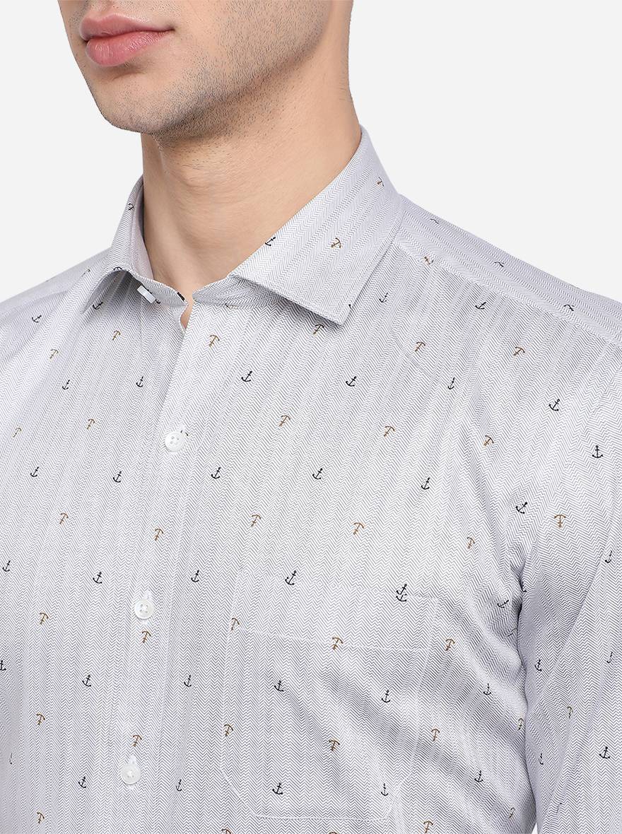 Light Grey Printed Slim Fit Formal Shirt | Greenfibre