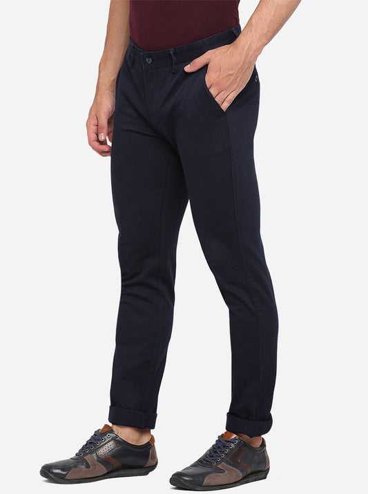 Navy Blue Solid Super Slim Fit Casual Trouser | Greenfibre