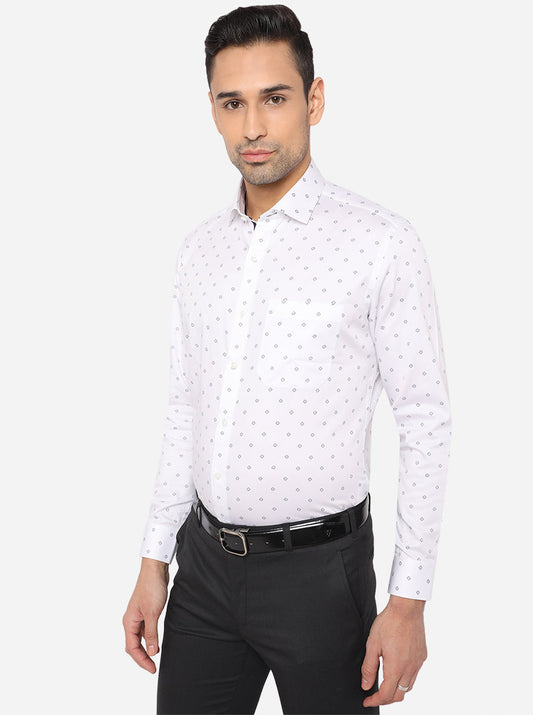 White & Blue Printed Slim Fit Formal Shirt | Greenfibre