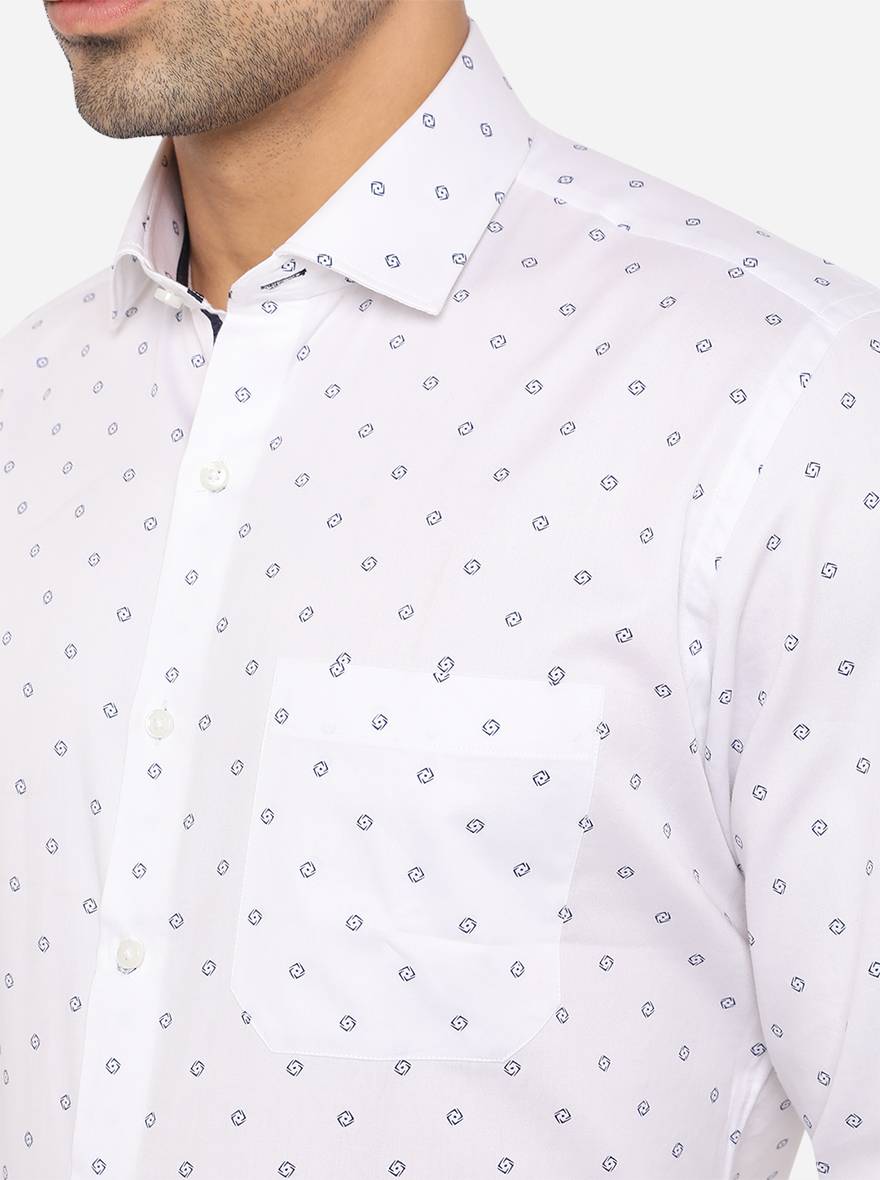 White & Blue Printed Slim Fit Formal Shirt | Greenfibre