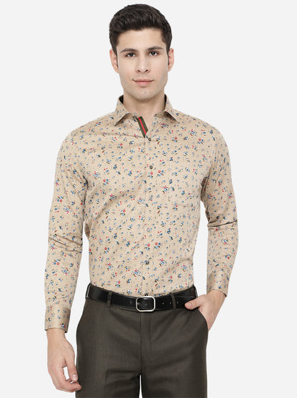 Beige & Blue Printed Slim Fit Party Wear Shirt | Greenfibre