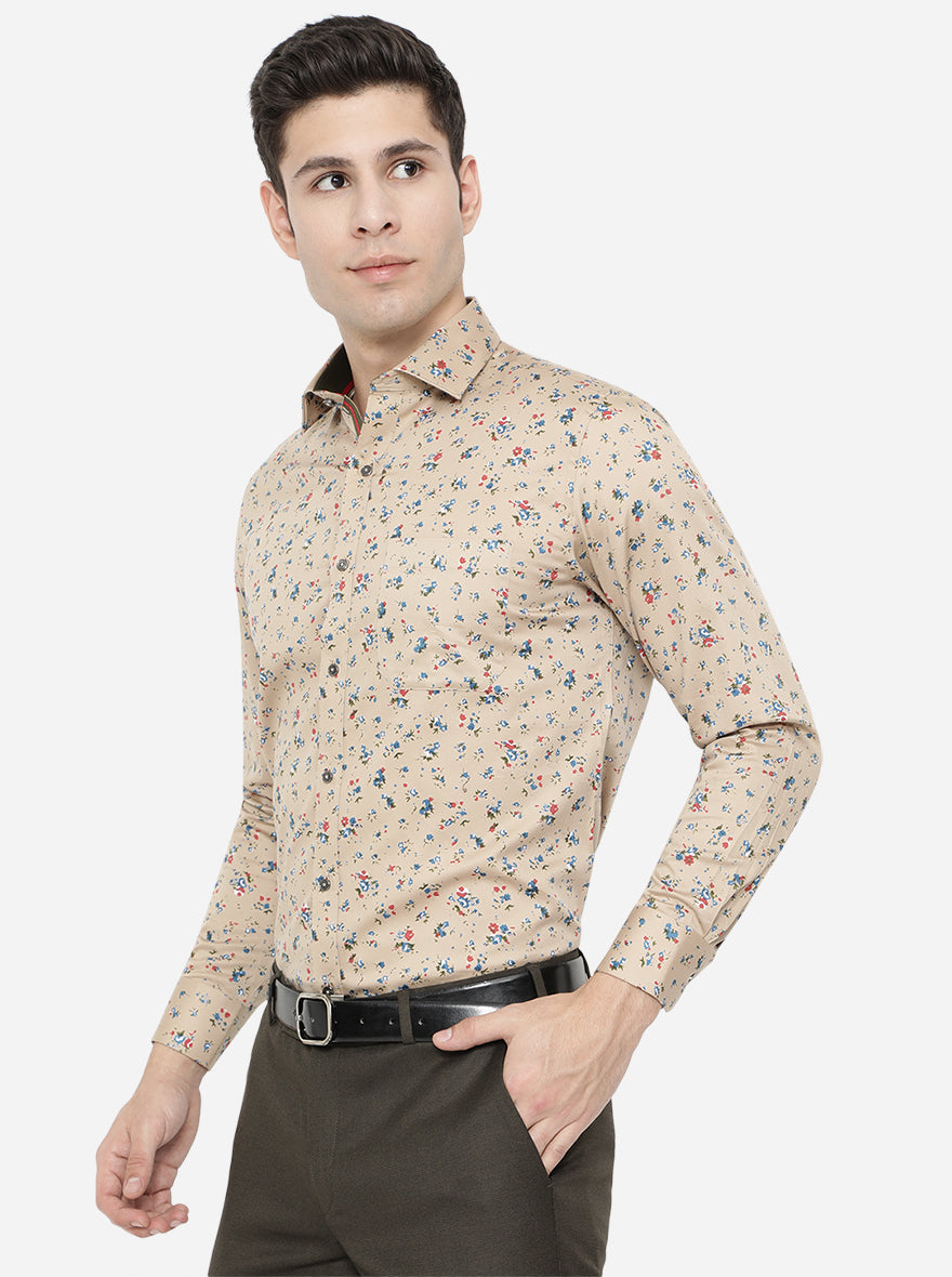 Beige & Blue Printed Slim Fit Party Wear Shirt | Greenfibre