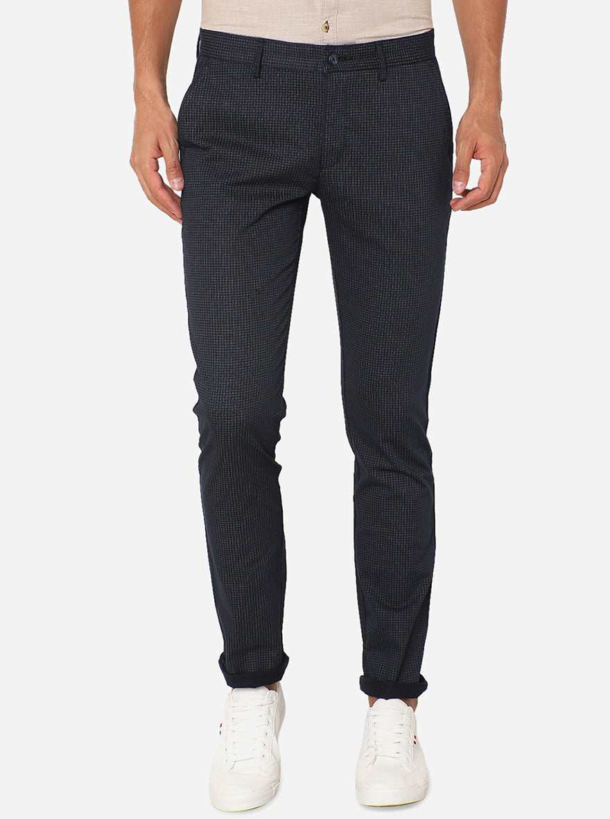 Navy Blue Printed Super Slim Fit Casual Trouser | Greenfibre