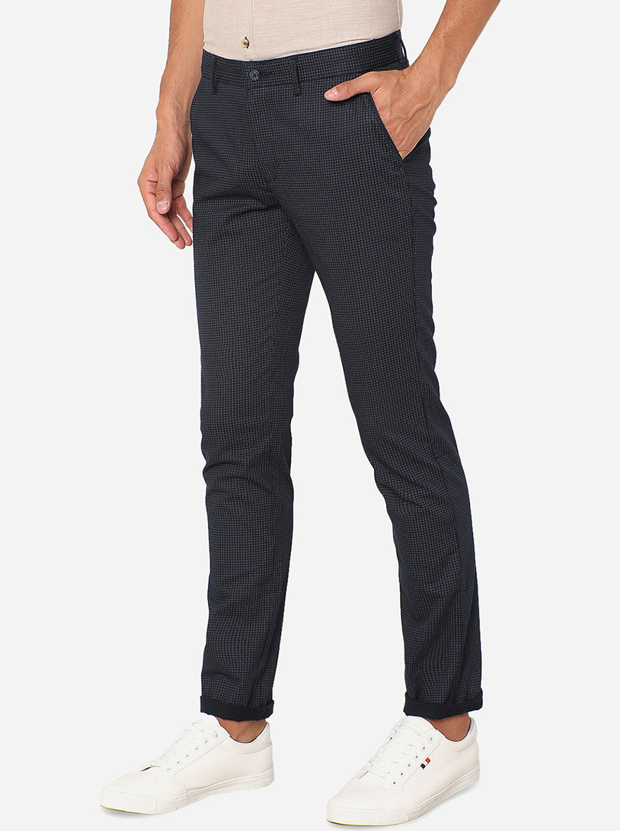 Navy Blue Printed Super Slim Fit Casual Trouser | Greenfibre