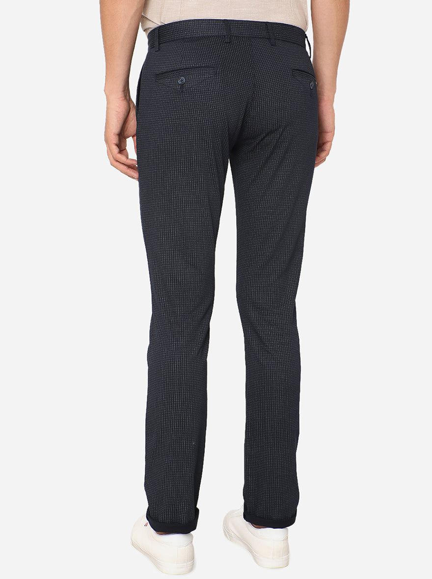 Navy Blue Printed Super Slim Fit Casual Trouser | Greenfibre