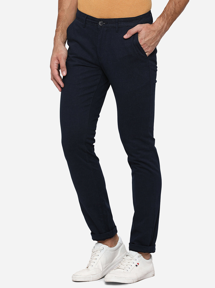 Navy Blue Solid Neo Fit Casual Trouser | Greenfibre