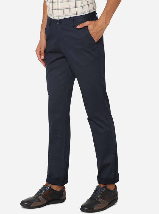 Navy Blue Solid Slim Fit Casual Trouser | Greenfibre