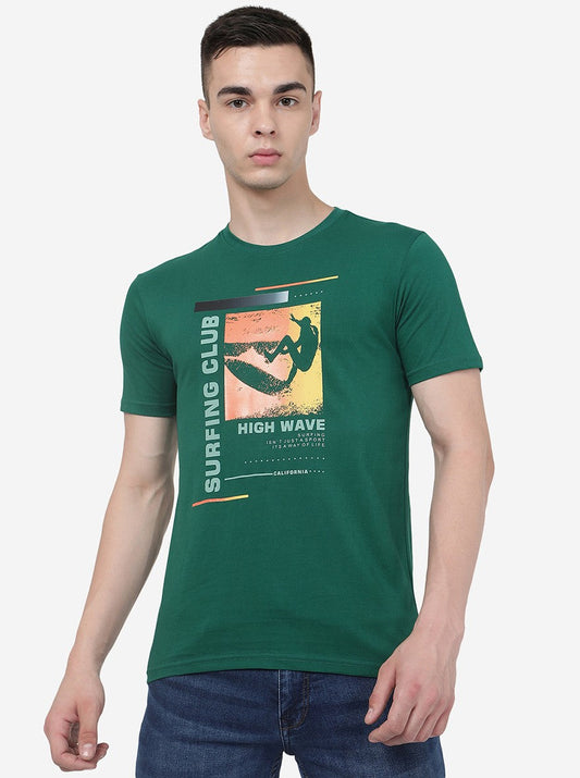 Dark Green Printed Slim Fit T-Shirt | Greenfibre