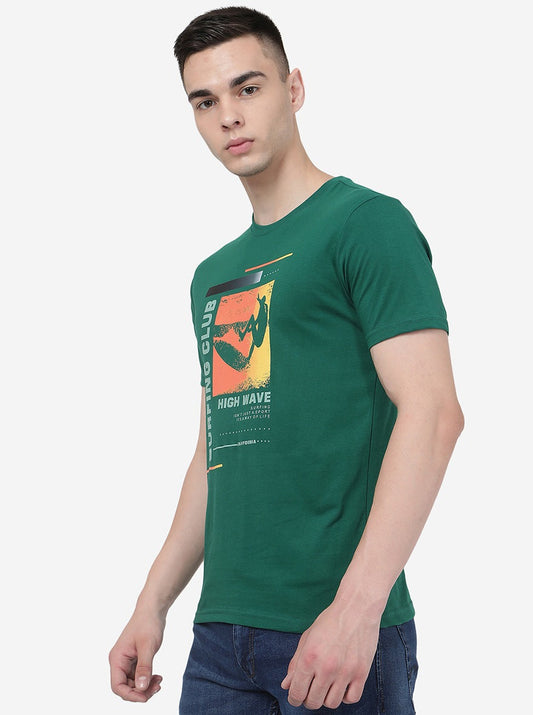 Dark Green Printed Slim Fit T-Shirt | Greenfibre