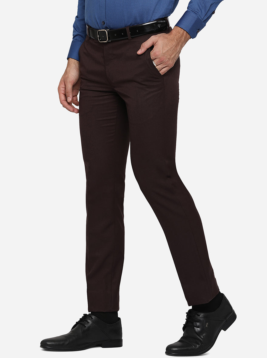 Dark Brown Solid Slim Fit Formal Trouser | Greenfibre