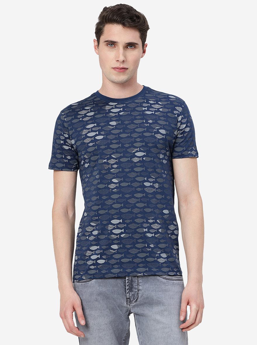 Dark Blue Printed Slim Fit T-Shirt | Greenfibre