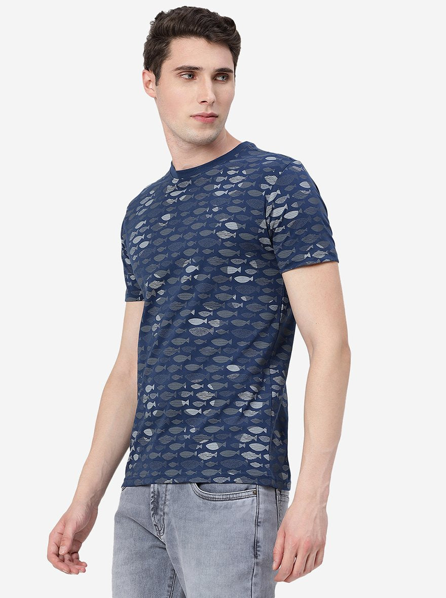 Dark Blue Printed Slim Fit T-Shirt | Greenfibre