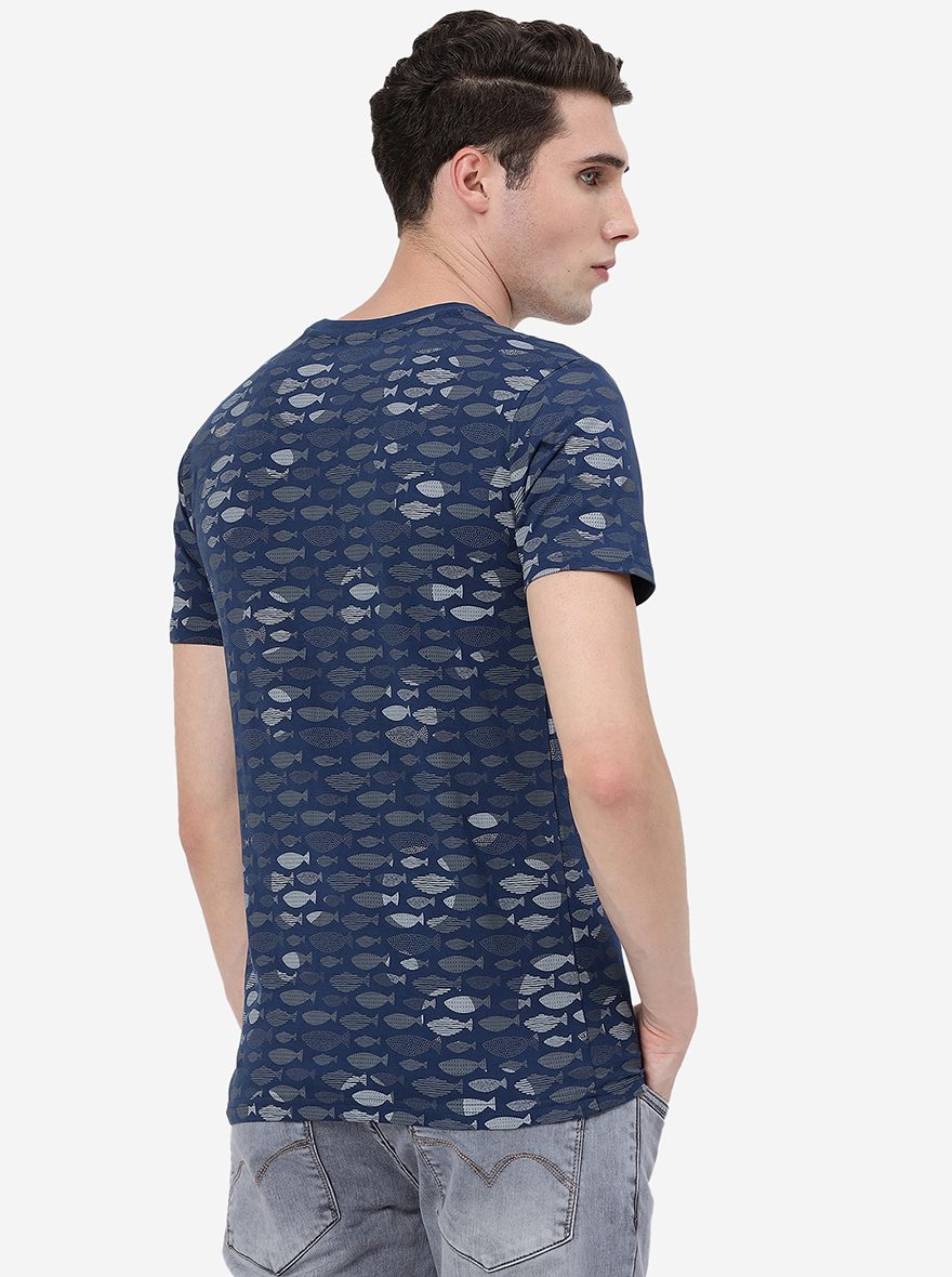 Dark Blue Printed Slim Fit T-Shirt | Greenfibre