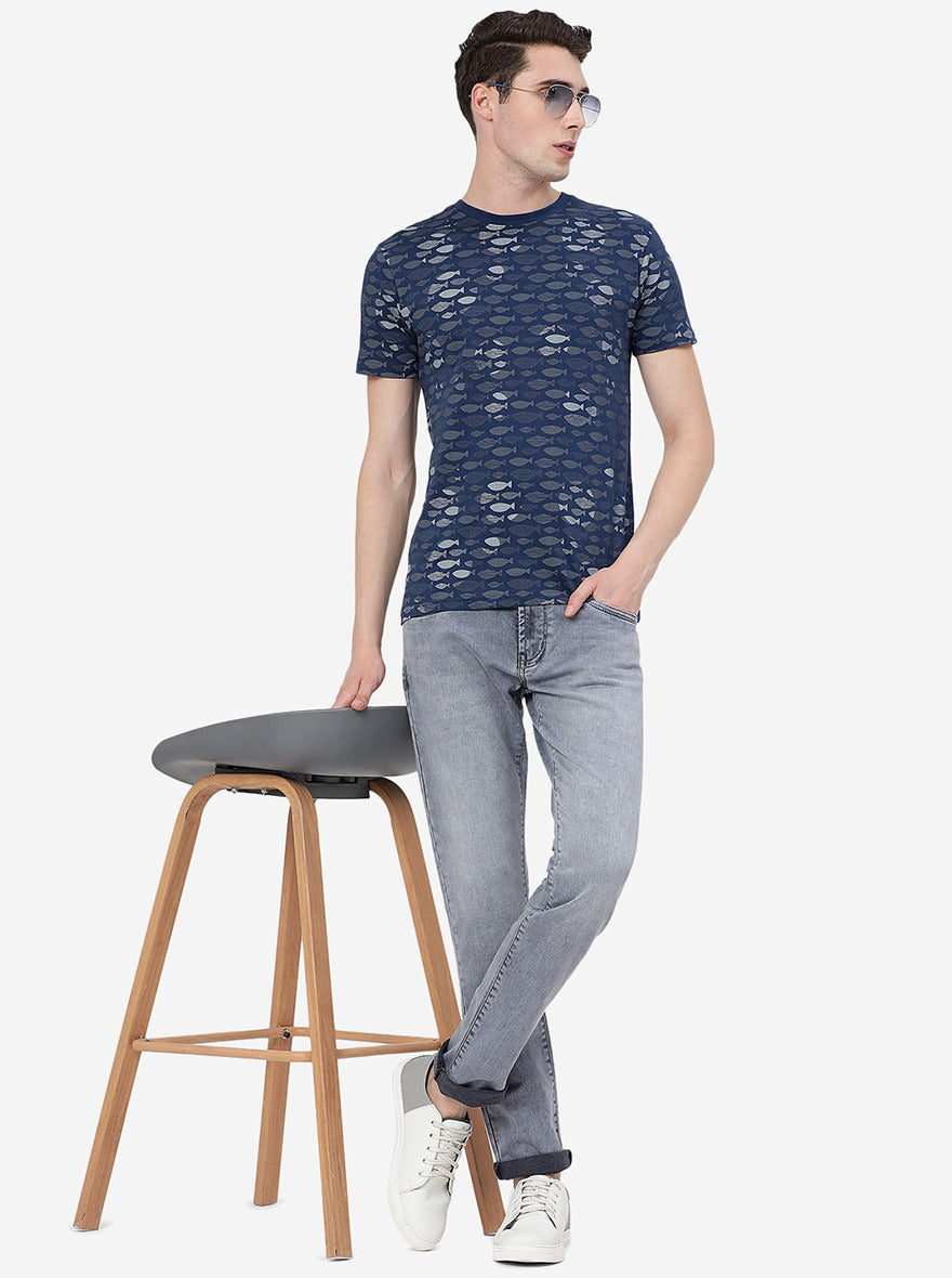 Dark Blue Printed Slim Fit T-Shirt | Greenfibre