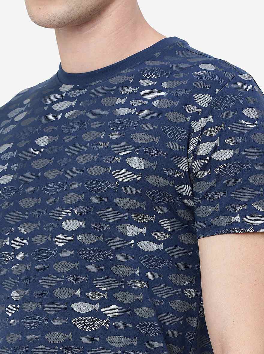 Dark Blue Printed Slim Fit T-Shirt | Greenfibre