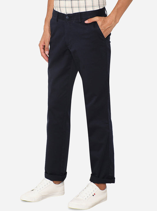 Navy Blue Solid Slim Fit Casual Trouser | Greenfibre