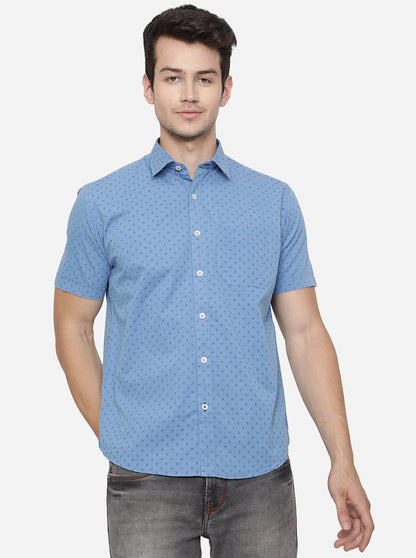 Dusty Blue Printed Slim Fit Casual Shirt | Greenfibre