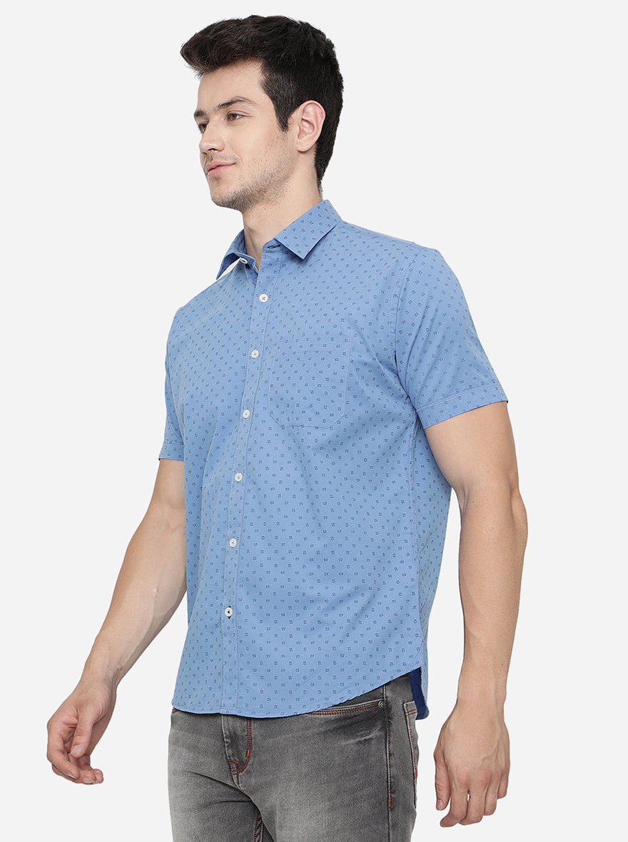 Dusty Blue Printed Slim Fit Casual Shirt | Greenfibre