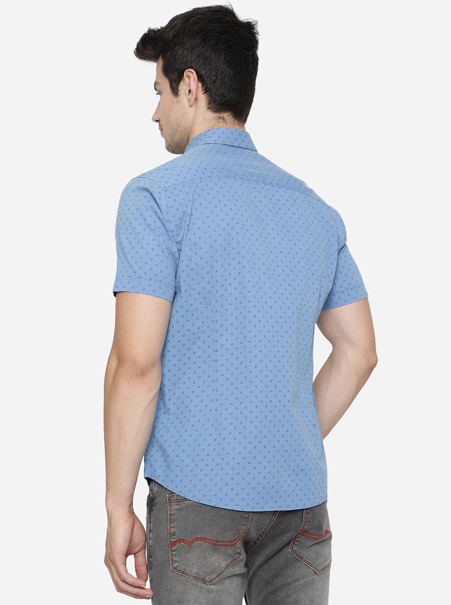 Dusty Blue Printed Slim Fit Casual Shirt | Greenfibre