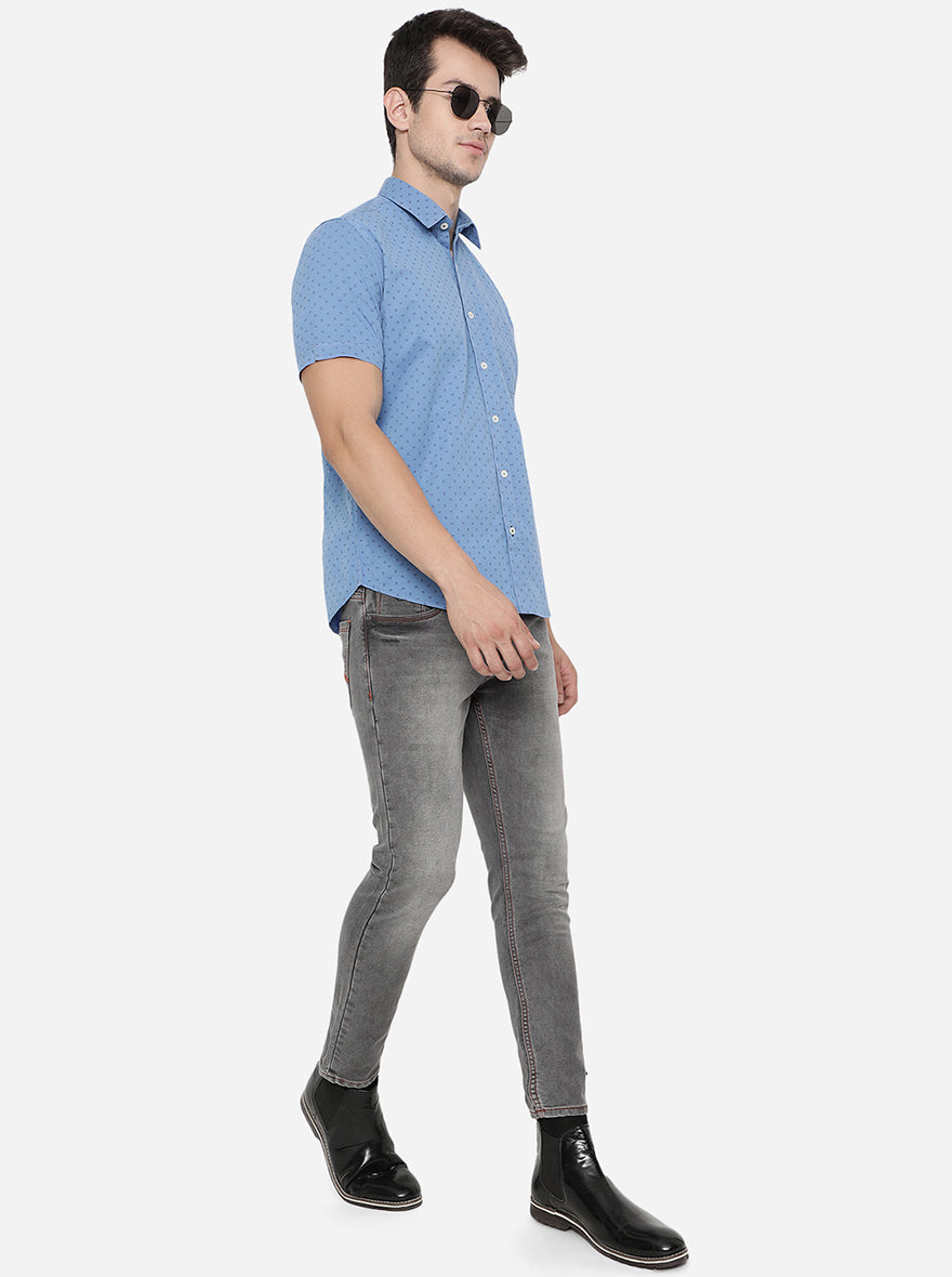 Dusty Blue Printed Slim Fit Casual Shirt | Greenfibre