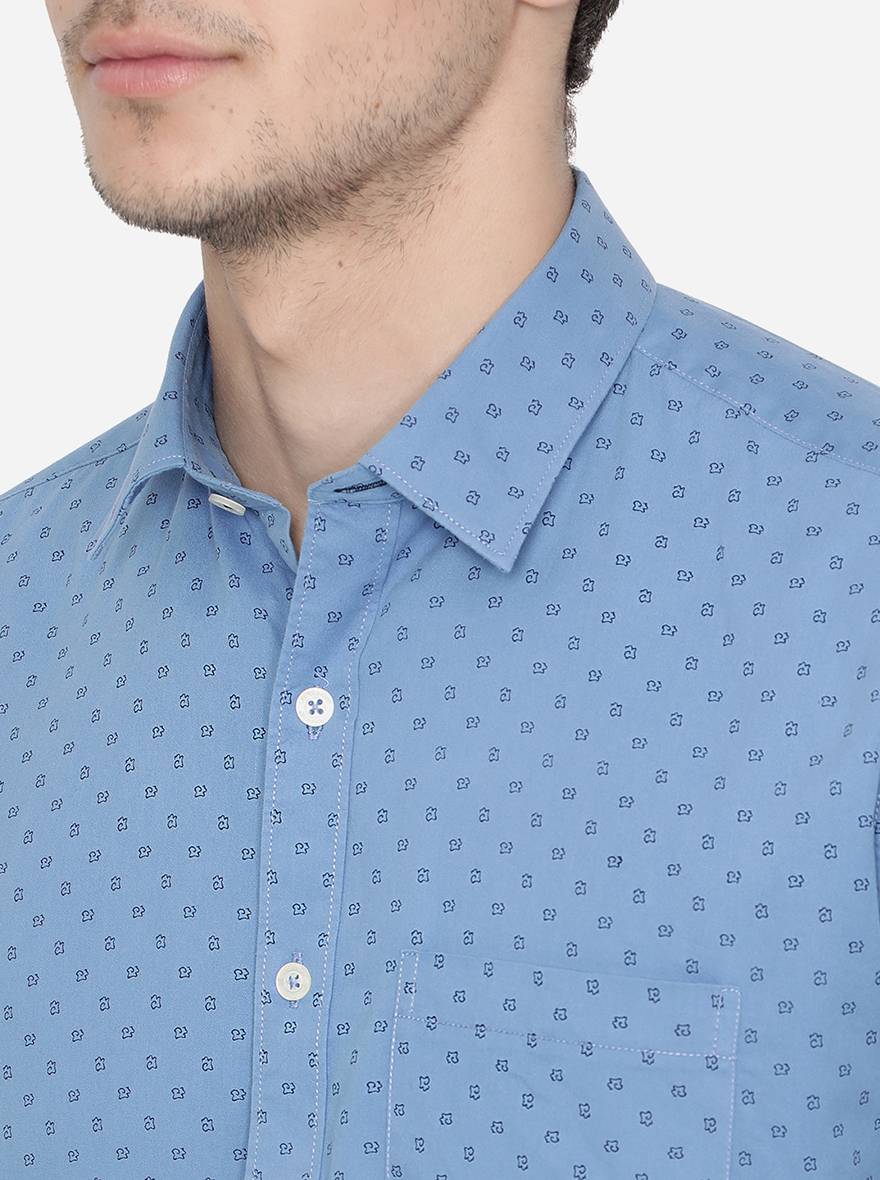 Dusty Blue Printed Slim Fit Casual Shirt | Greenfibre