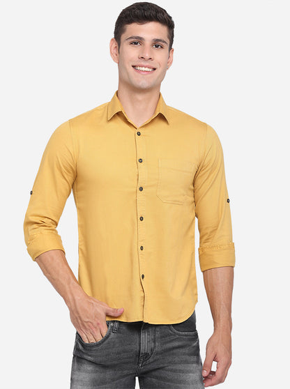 Olive Yellow Solid Slim Fit Semi Casual Shirt | Greenfibre