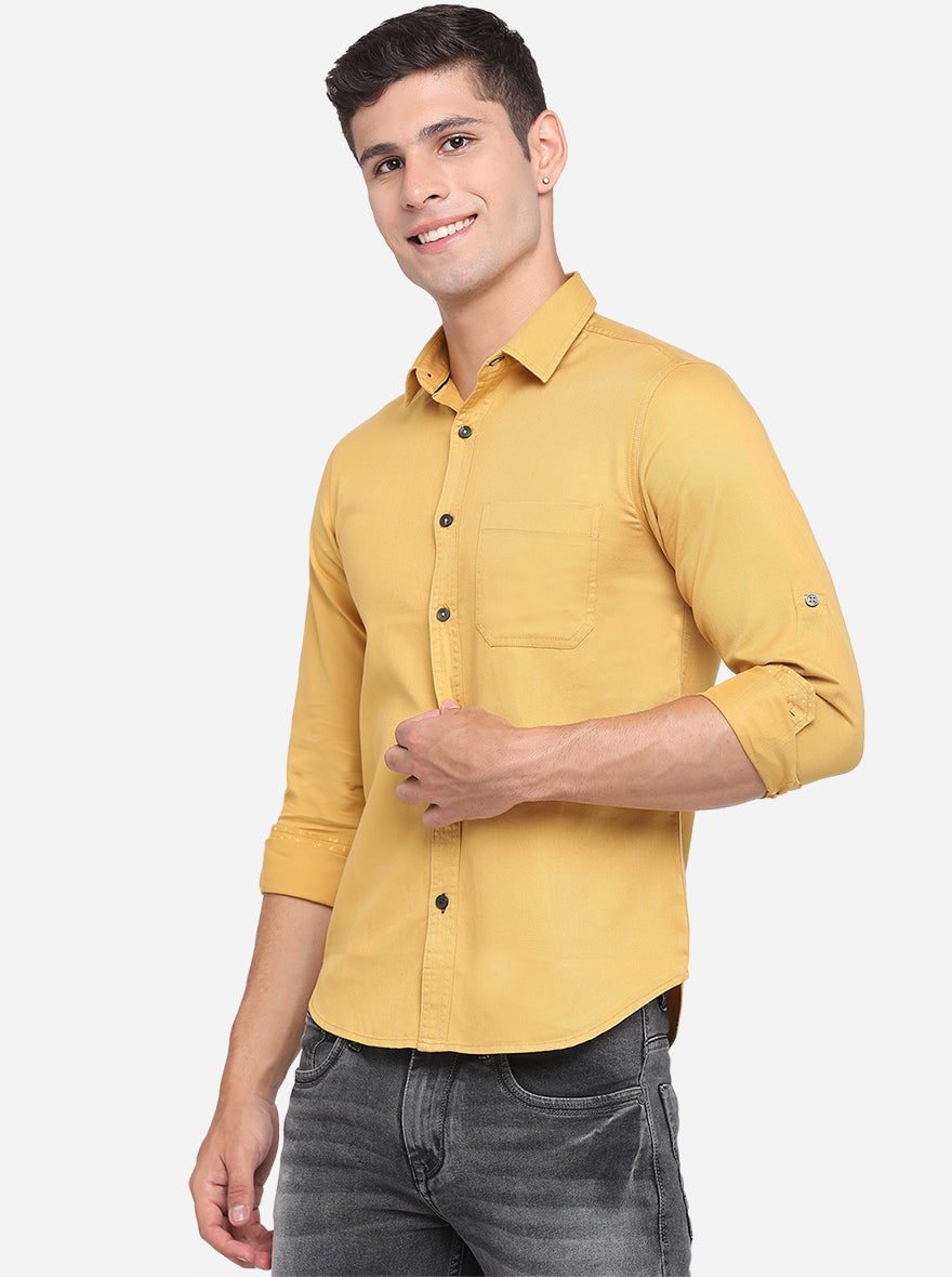 Olive Yellow Solid Slim Fit Semi Casual Shirt | Greenfibre