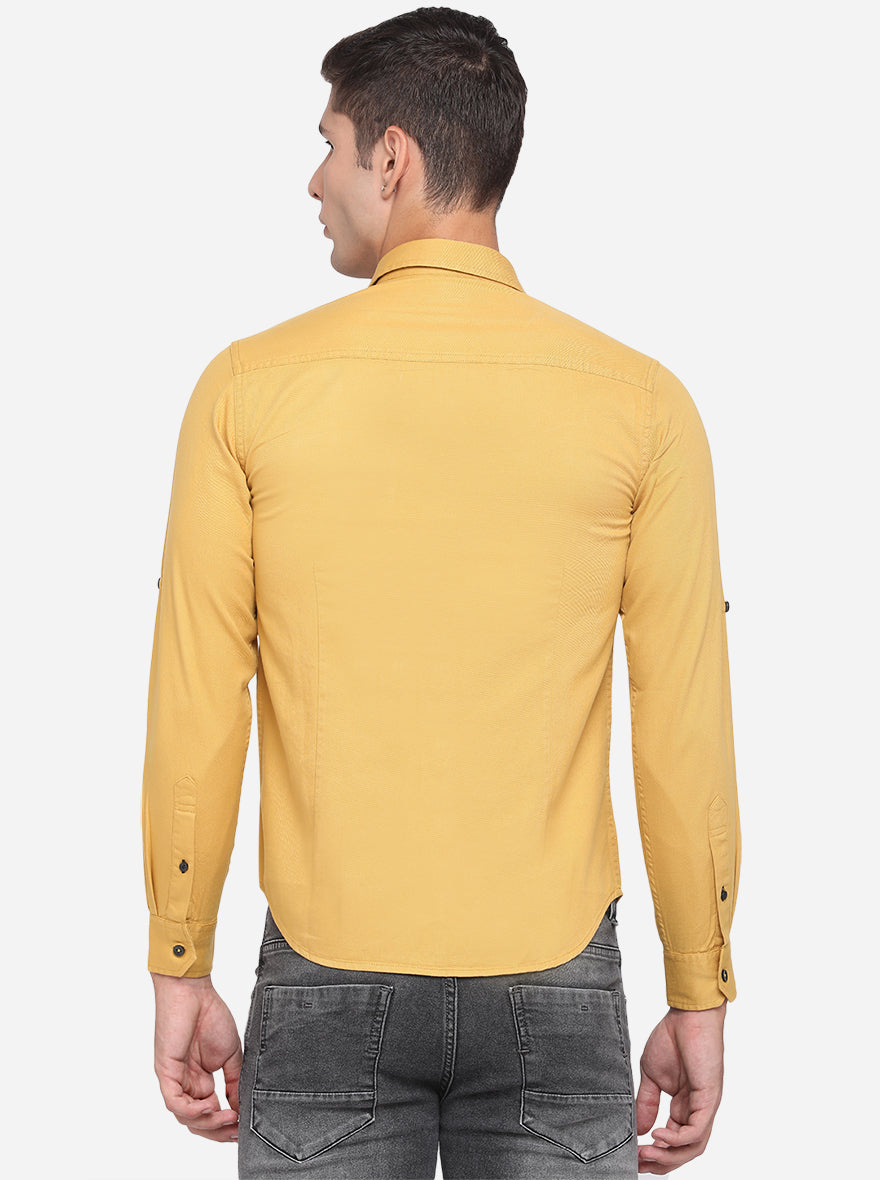 Olive Yellow Solid Slim Fit Semi Casual Shirt | Greenfibre