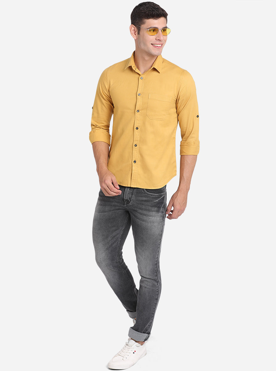 Olive Yellow Solid Slim Fit Semi Casual Shirt | Greenfibre