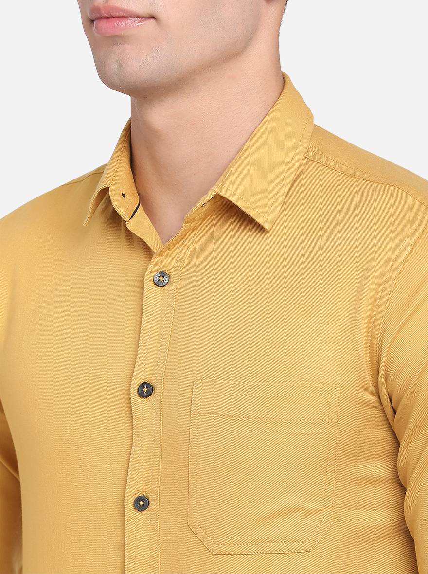 Olive Yellow Solid Slim Fit Semi Casual Shirt | Greenfibre