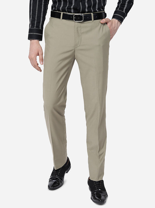 Khaki Solid Slim Fit Formal Trouser | Greenfibre