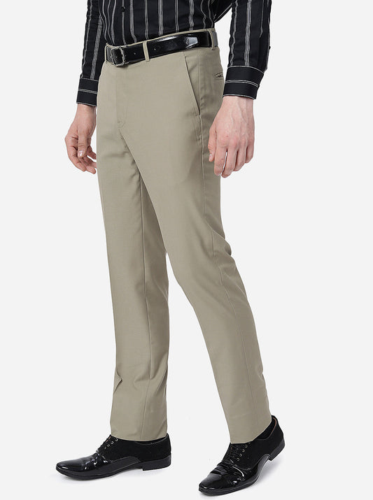 Khaki Solid Slim Fit Formal Trouser | Greenfibre