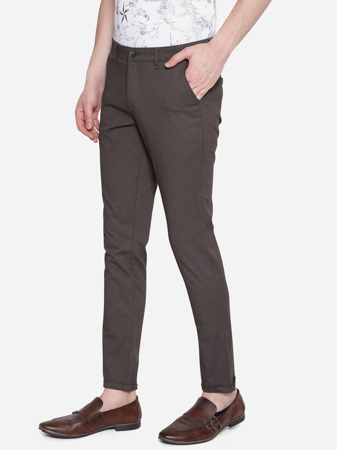 Brown Solid Neo Fit Casual Trouser | Greenfibre