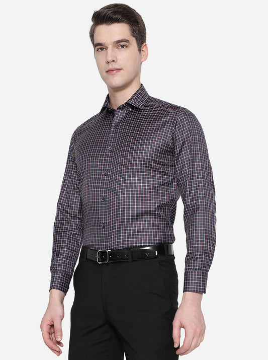 Navy Blue & Rust Checked Slim Fit Formal Shirt | Greenfibre