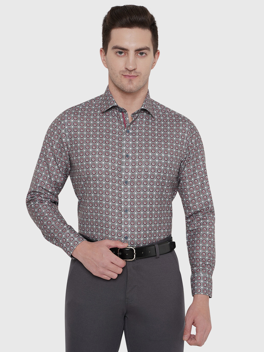 Light Grey Printed Slim Fit Party Wear Shirt | Greenfibre