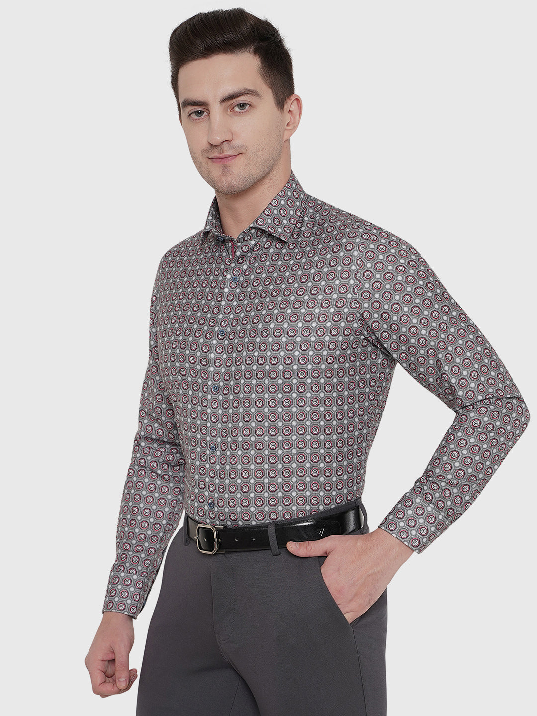 Light Grey Printed Slim Fit Party Wear Shirt | Greenfibre