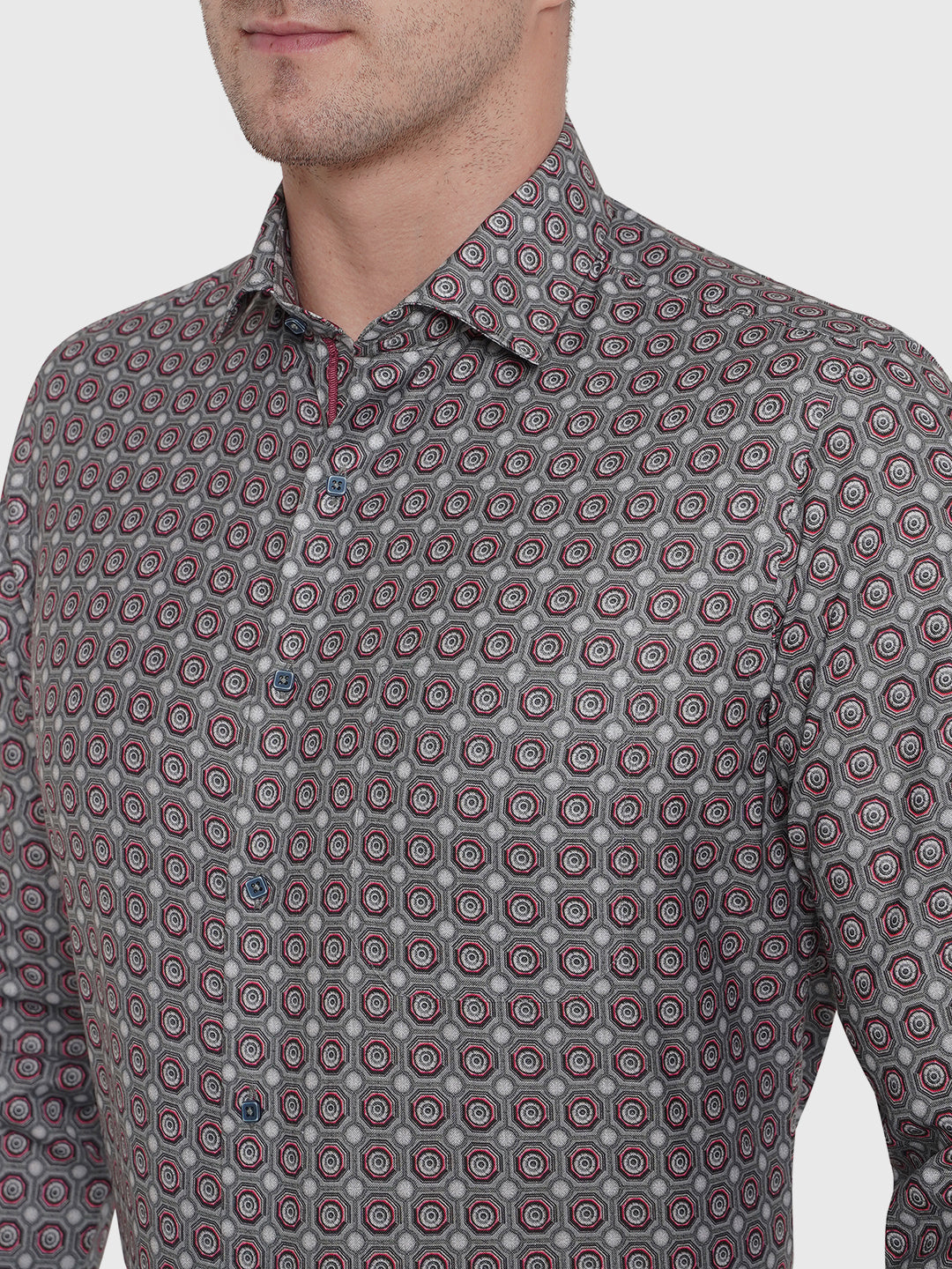 Light Grey Printed Slim Fit Party Wear Shirt | Greenfibre