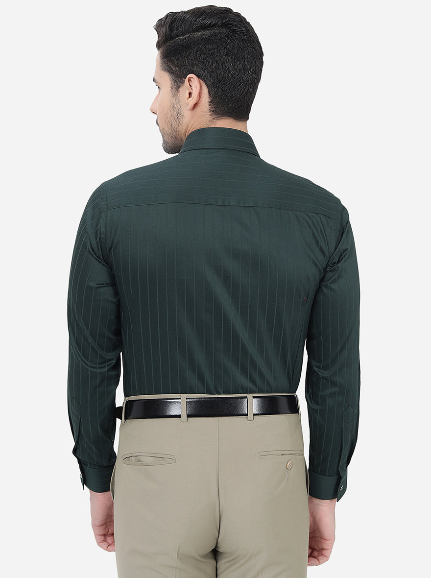 Bottle Green Striped Slim Fit Party Wear Shirt | Greenfibre