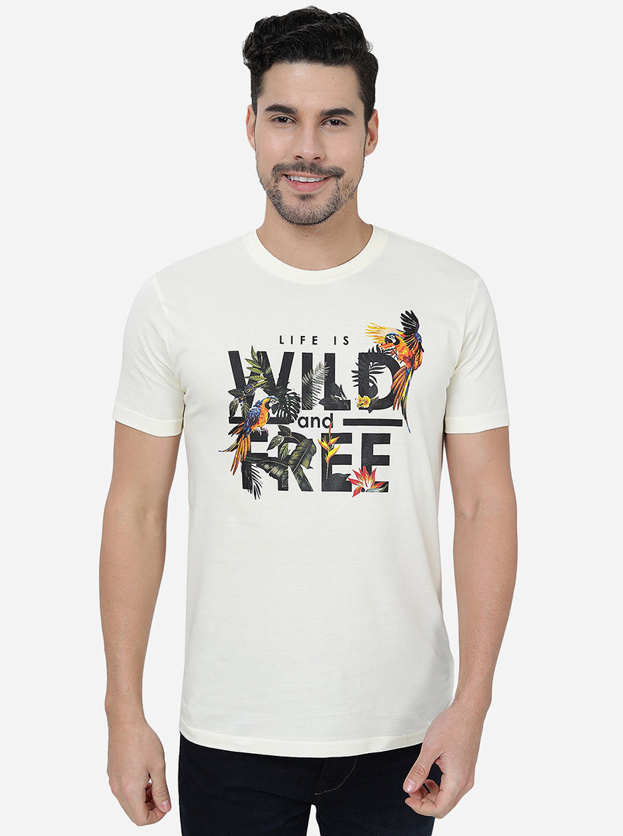 Cream Printed Slim Fit T-Shirt | Greenfibre