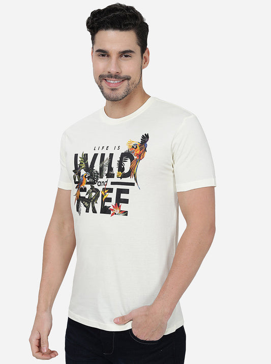 Cream Printed Slim Fit T-Shirt | Greenfibre