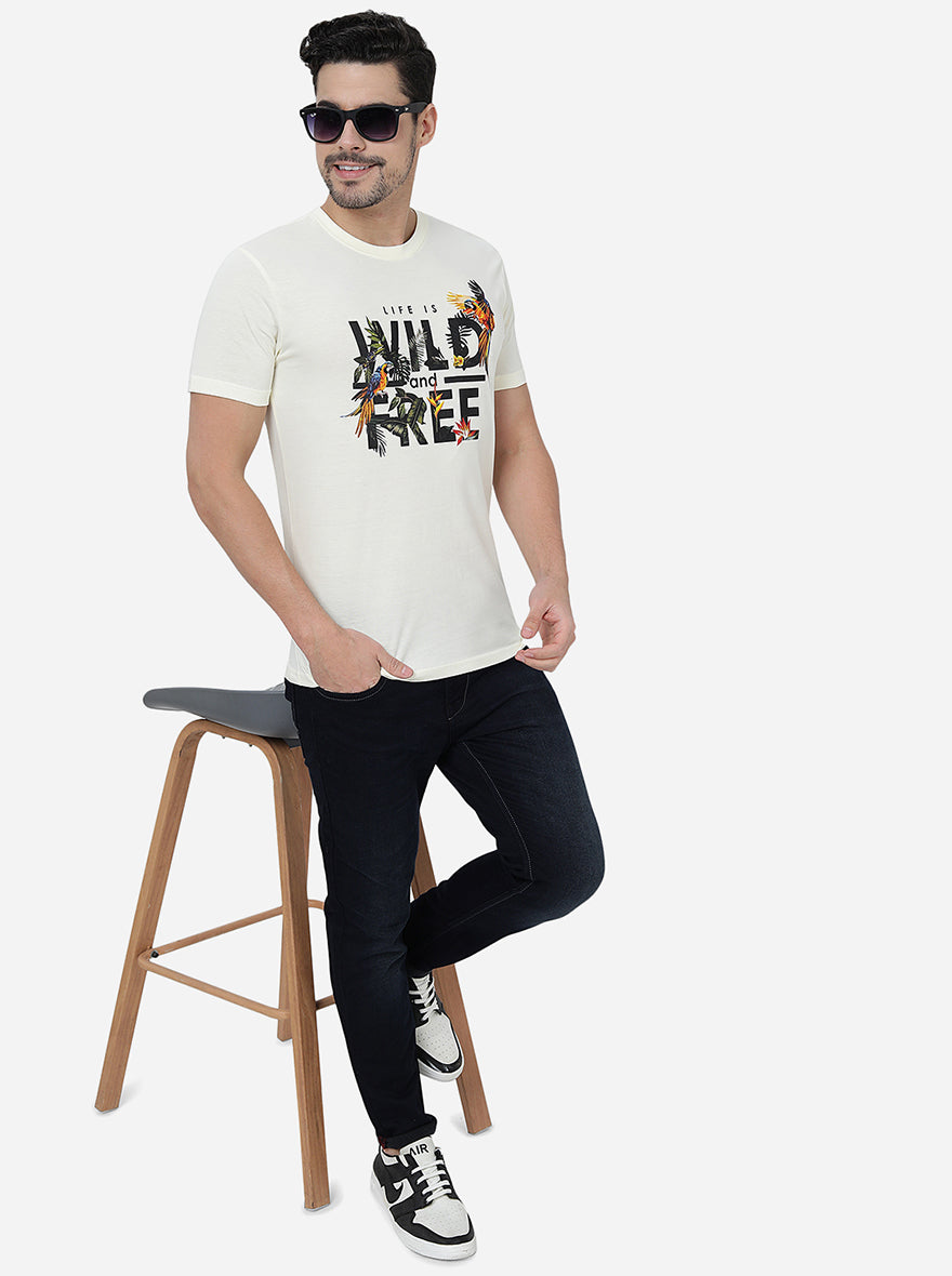 Cream Printed Slim Fit T-Shirt | Greenfibre