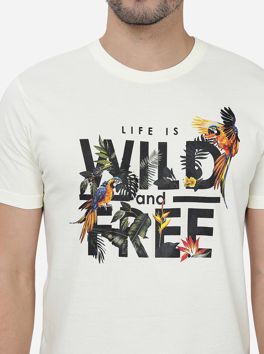 Cream Printed Slim Fit T-Shirt | Greenfibre