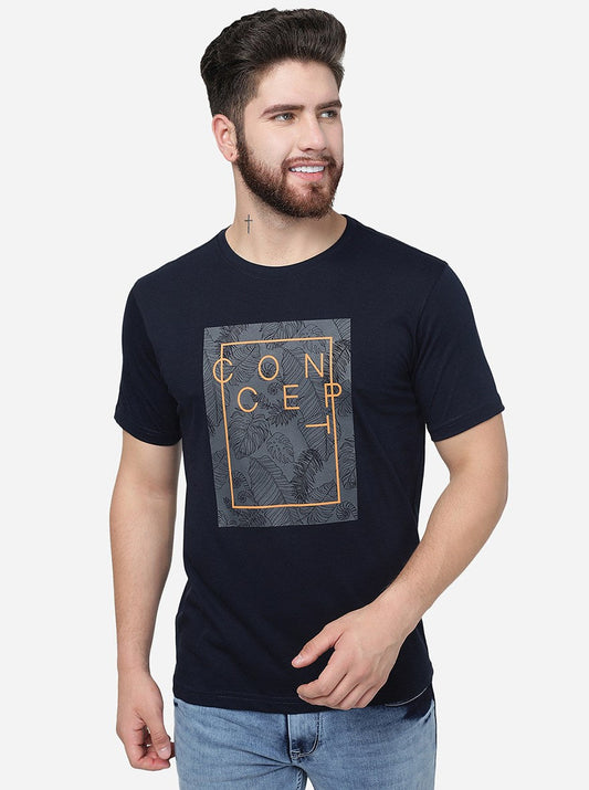 Navy Blue Printed Slim Fit T-Shirt | Greenfibre