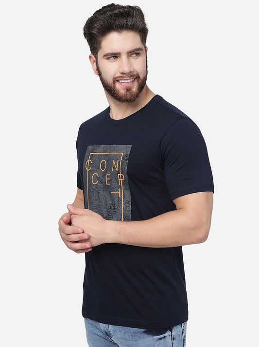 Navy Blue Printed Slim Fit T-Shirt | Greenfibre